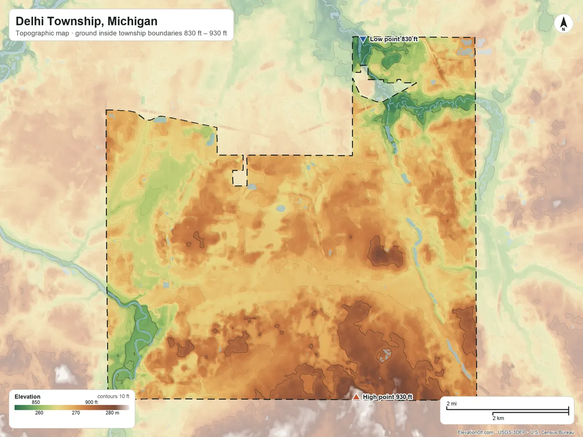Topographic elevation map of Delhi Township, Michigan, shaded from 830 ft on the north side to 930 ft on the south side