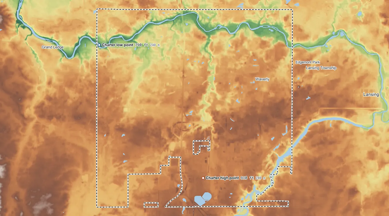 Topographic elevation map of Delta Township, Michigan, shaded from 790 ft on the west side to 910 ft on the south side