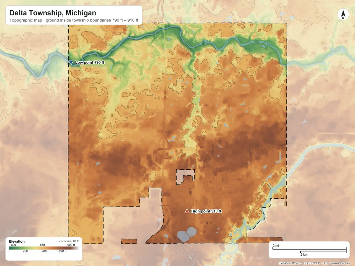 Topographic elevation map of Delta Township, Michigan, shaded from 790 ft on the west side to 910 ft on the south side