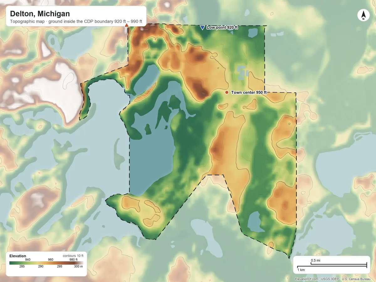 Topographic elevation map of Delton, Michigan, shaded from 920 ft on the north side to 990 ft on the northwest side