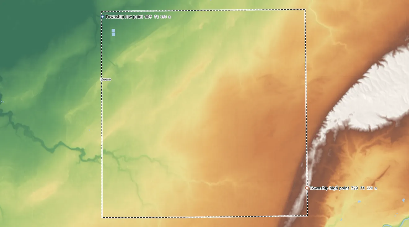 Topographic elevation map of Denmark Township, Michigan, shaded from 600 ft on the northwest side to 720 ft on the southeast side