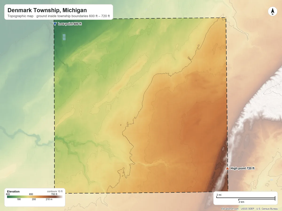 Topographic elevation map of Denmark Township, Michigan, shaded from 600 ft on the northwest side to 720 ft on the southeast side