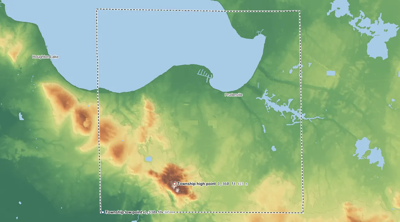 Topographic elevation map of Denton Township, Michigan, shaded from 1,130 ft on the southwest side to 1,365 ft on Emery Hill
