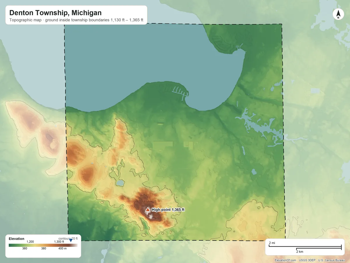 Topographic elevation map of Denton Township, Michigan, shaded from 1,130 ft on the southwest side to 1,365 ft on Emery Hill