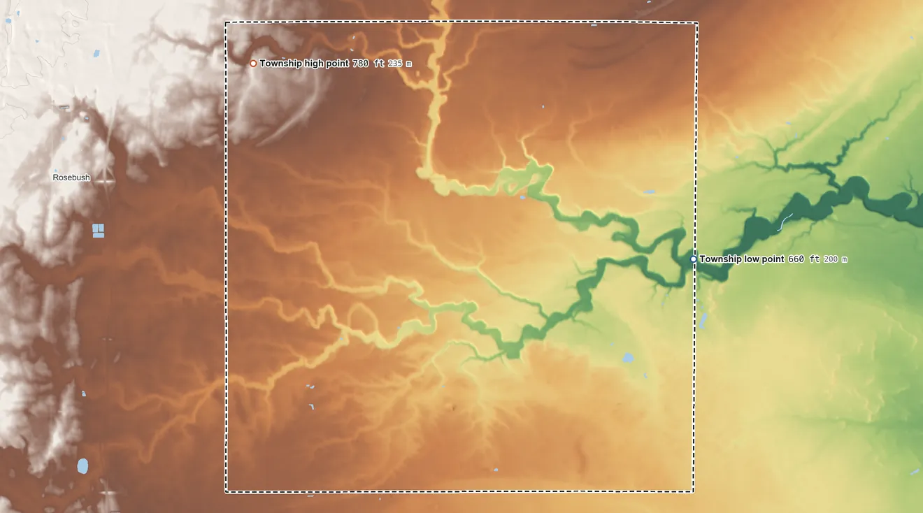 Topographic elevation map of Denver Township, Isabella County, Michigan, shaded from 660 ft on the east side to 780 ft on the northwest side