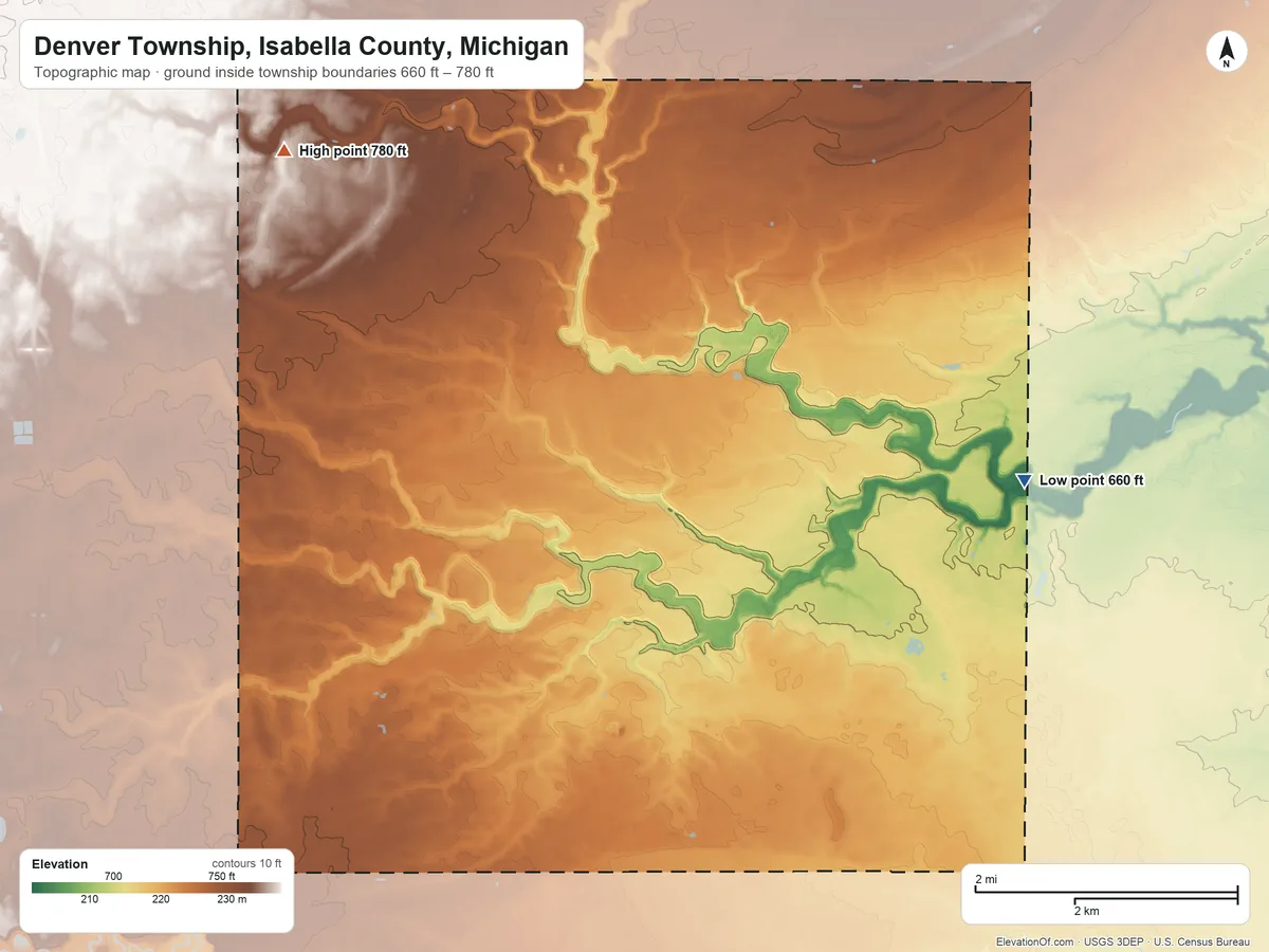 Topographic elevation map of Denver Township, Isabella County, Michigan, shaded from 660 ft on the east side to 780 ft on the northwest side
