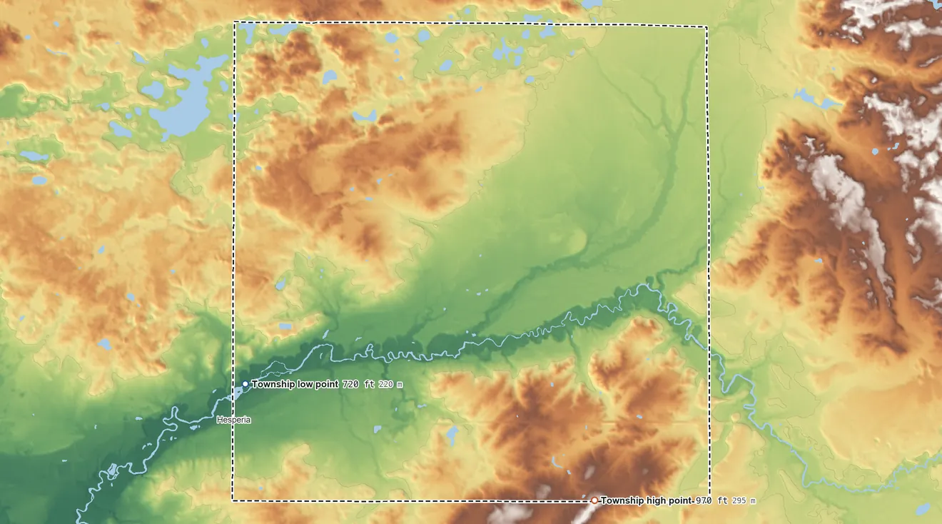 Topographic elevation map of Denver Township, Michigan, shaded from 720 ft on the southwest side to 970 ft on the southeast side