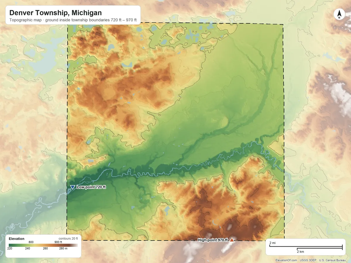 Topographic elevation map of Denver Township, Michigan, shaded from 720 ft on the southwest side to 970 ft on the southeast side