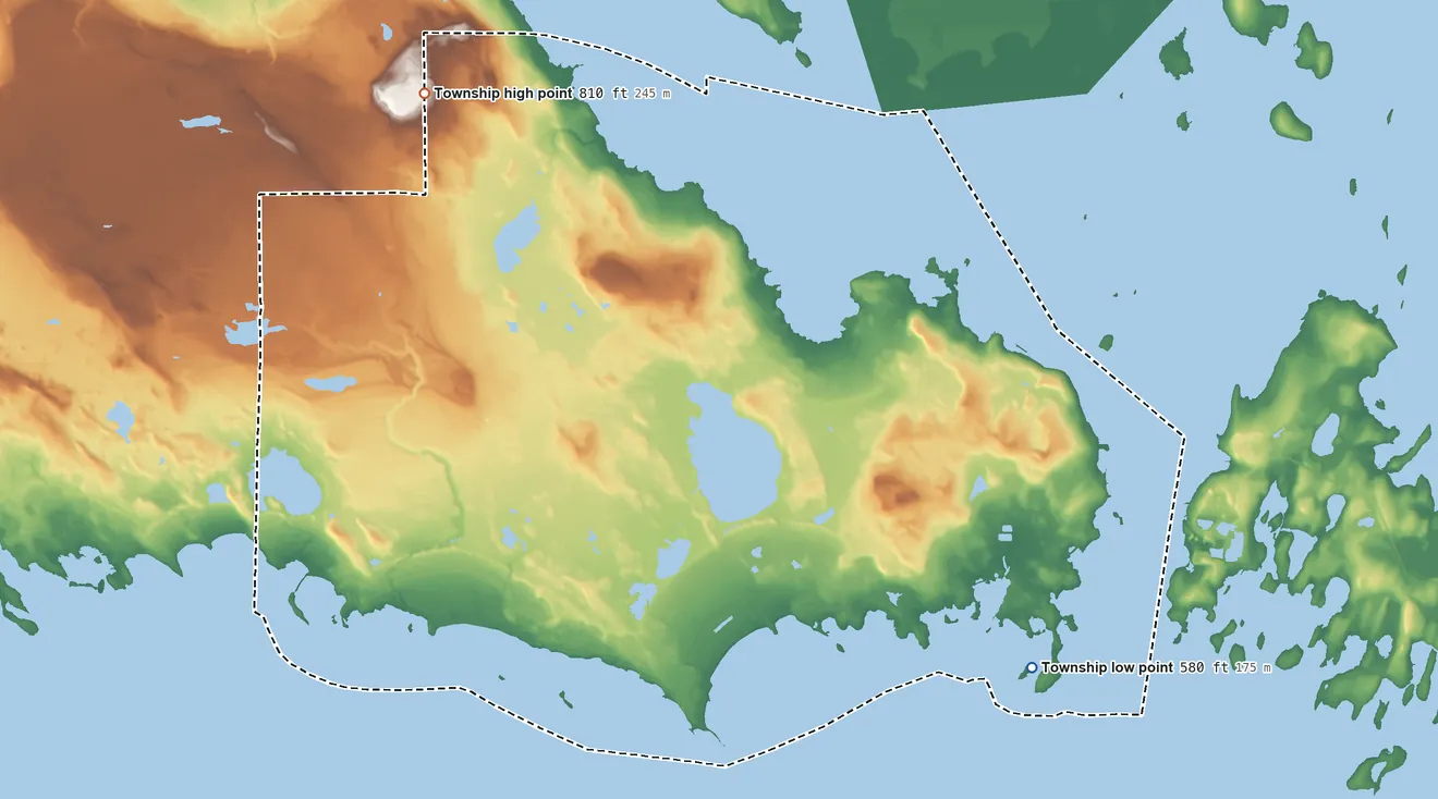Topographic elevation map of Detour Township, Michigan, shaded from 580 ft on the southeast side to 810 ft on the northwest side