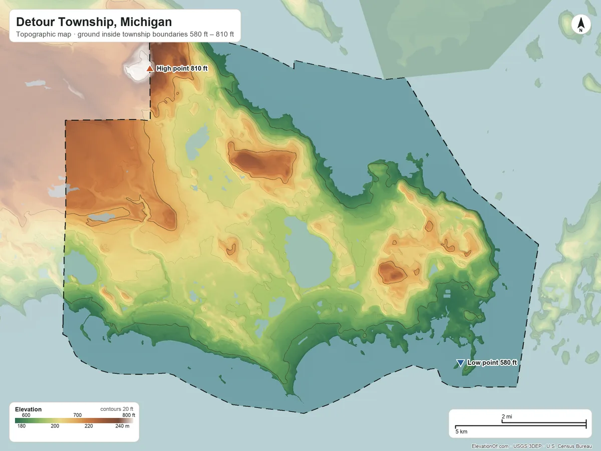Topographic elevation map of Detour Township, Michigan, shaded from 580 ft on the southeast side to 810 ft on the northwest side