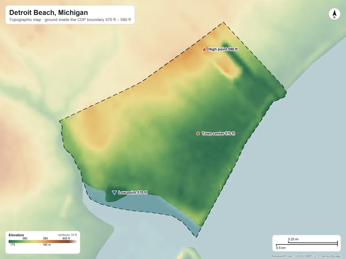 Topographic elevation map of Detroit Beach, Michigan, shaded from 570 ft on the southwest side to 590 ft on the north side