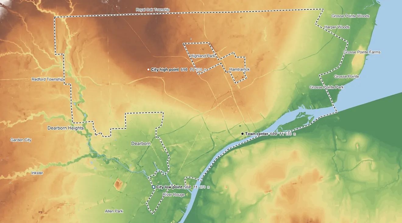 Topographic elevation map of Detroit, Michigan, shaded from 560 ft on the southwest side to 690 ft on the northwest side