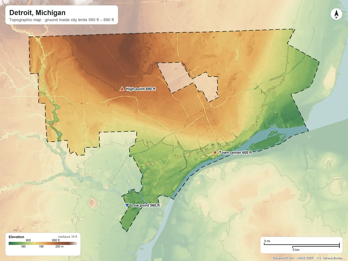 Topographic elevation map of Detroit, Michigan, shaded from 560 ft on the southwest side to 690 ft on the northwest side