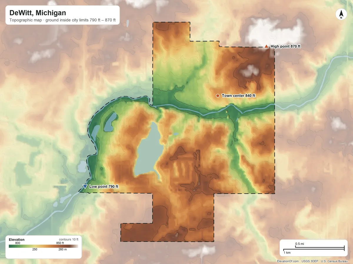 Topographic elevation map of DeWitt, Michigan, shaded from 790 ft on the southwest side to 870 ft on the northeast side