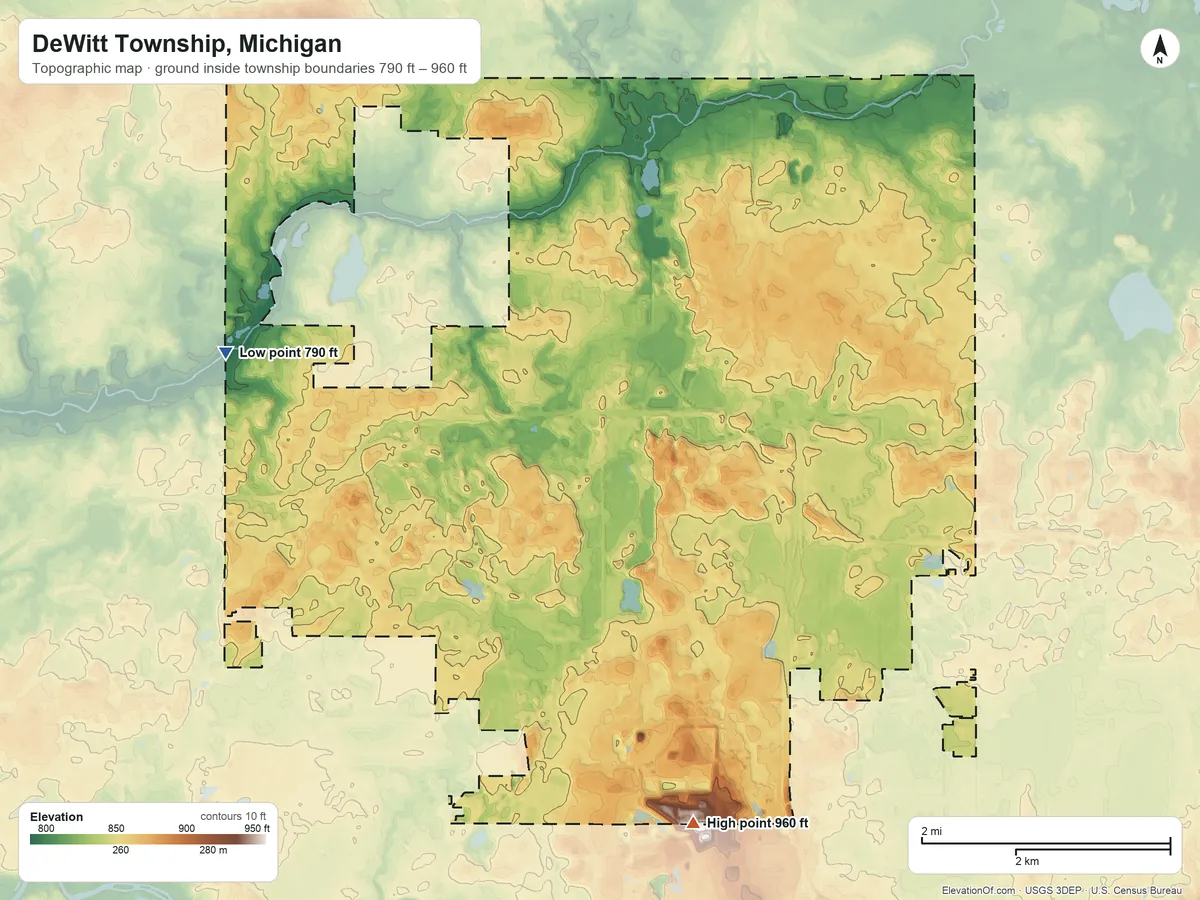 Topographic elevation map of DeWitt Township, Michigan, shaded from 790 ft on the west side to 960 ft on the southeast side
