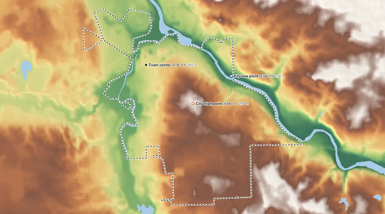 Topographic elevation map of Dexter, Michigan, shaded from 830 ft on the east side to 940 ft on the southeast side