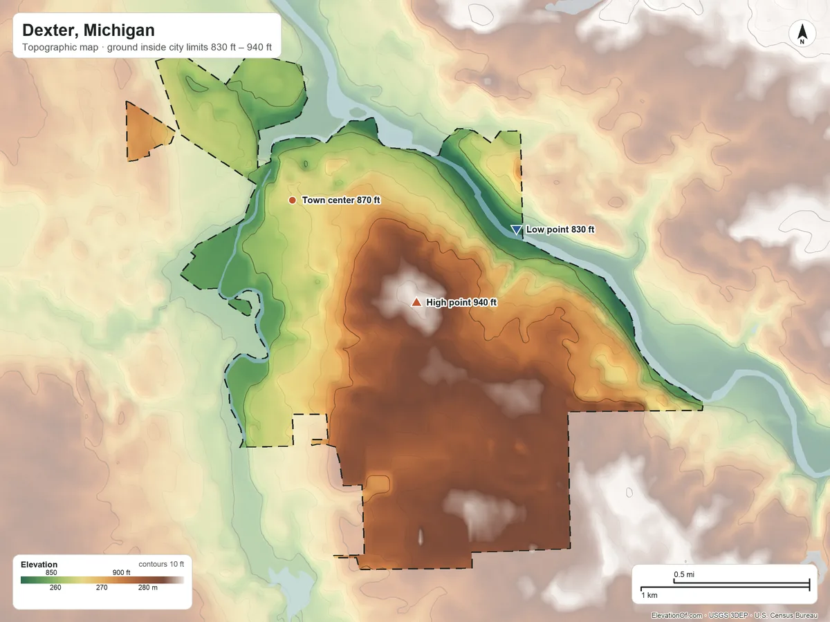 Topographic elevation map of Dexter, Michigan, shaded from 830 ft on the east side to 940 ft on the southeast side