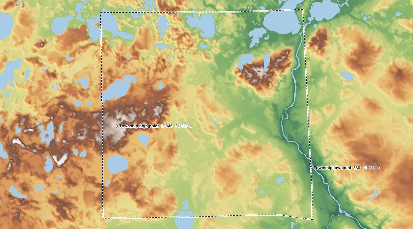 Topographic elevation map of Dexter Township, Michigan, shaded from 830 ft on the southeast side to 1,040 ft on the west side
