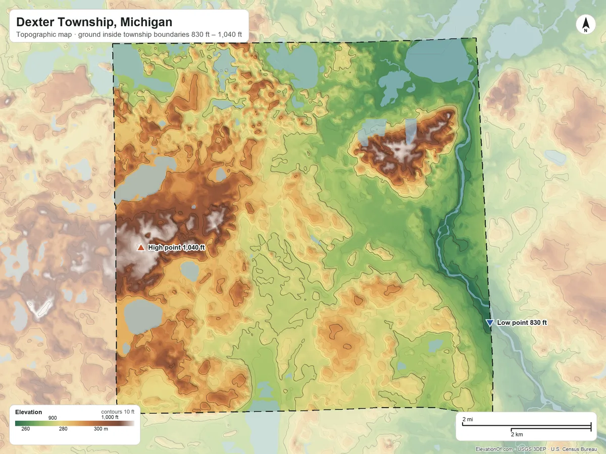 Topographic elevation map of Dexter Township, Michigan, shaded from 830 ft on the southeast side to 1,040 ft on the west side