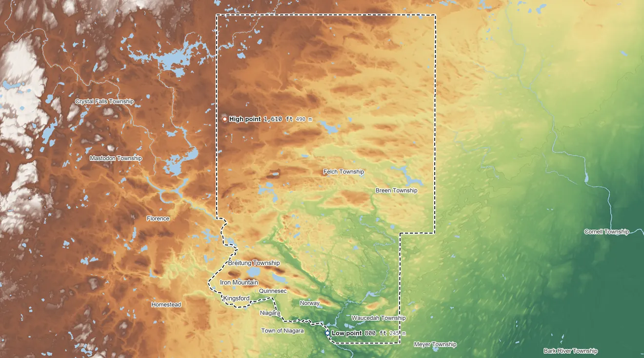 Topographic elevation map of Dickinson County, Michigan, shaded from 800 ft on the south side to 1,610 ft on the northwest side