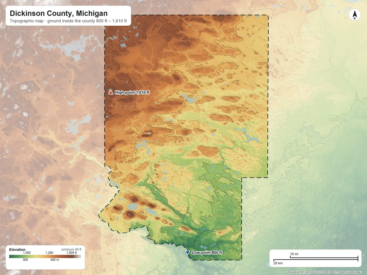 Topographic elevation map of Dickinson County, Michigan, shaded from 800 ft on the south side to 1,610 ft on the northwest side