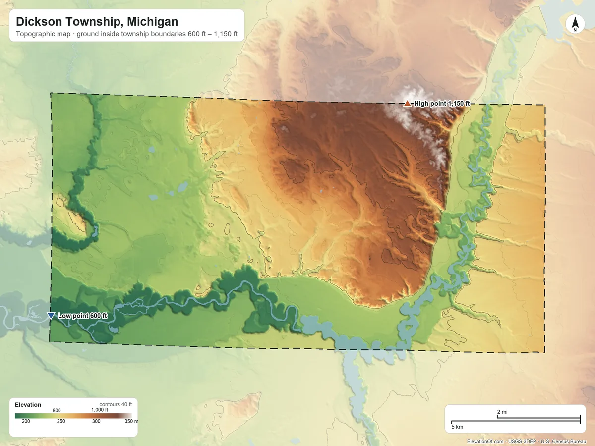 Topographic elevation map of Dickson Township, Michigan, shaded from 600 ft on the southwest side to 1,150 ft on the northeast side