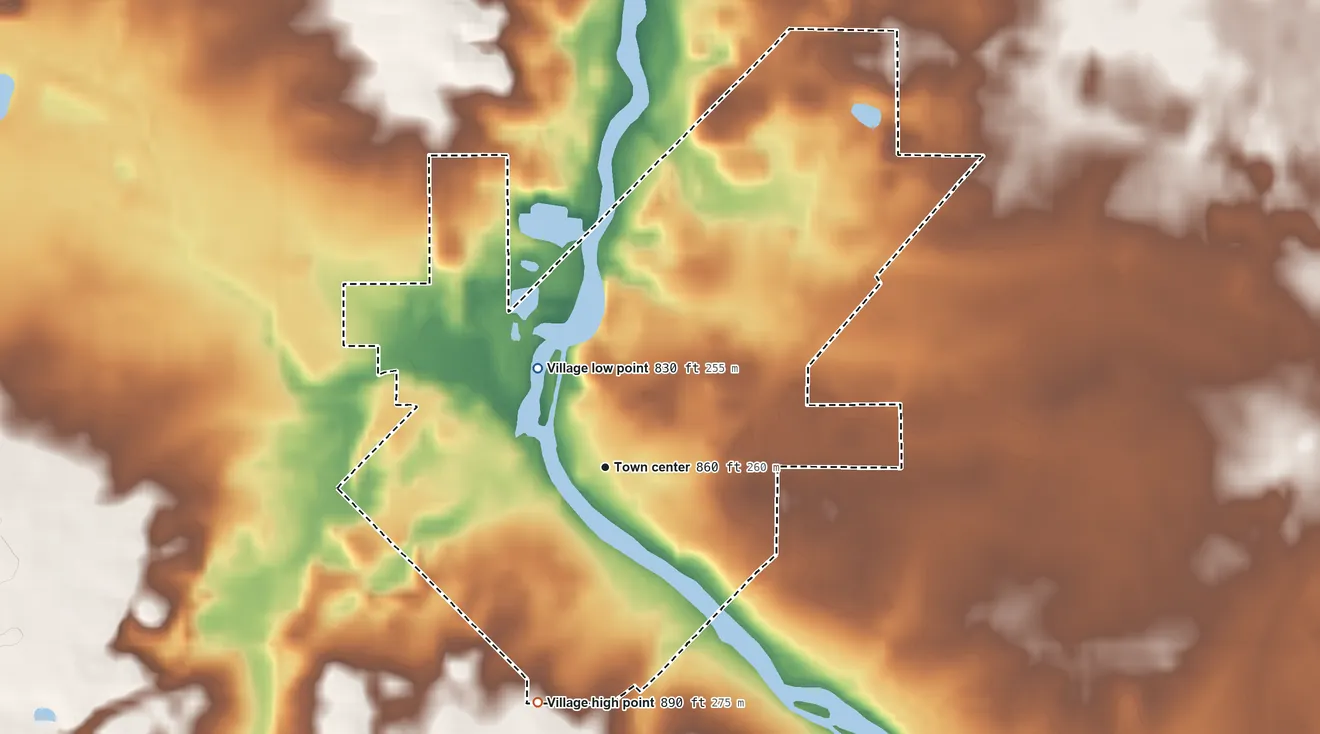 Topographic elevation map of Dimondale, Michigan, shaded from 830 ft on the northwest side to 890 ft on the south side