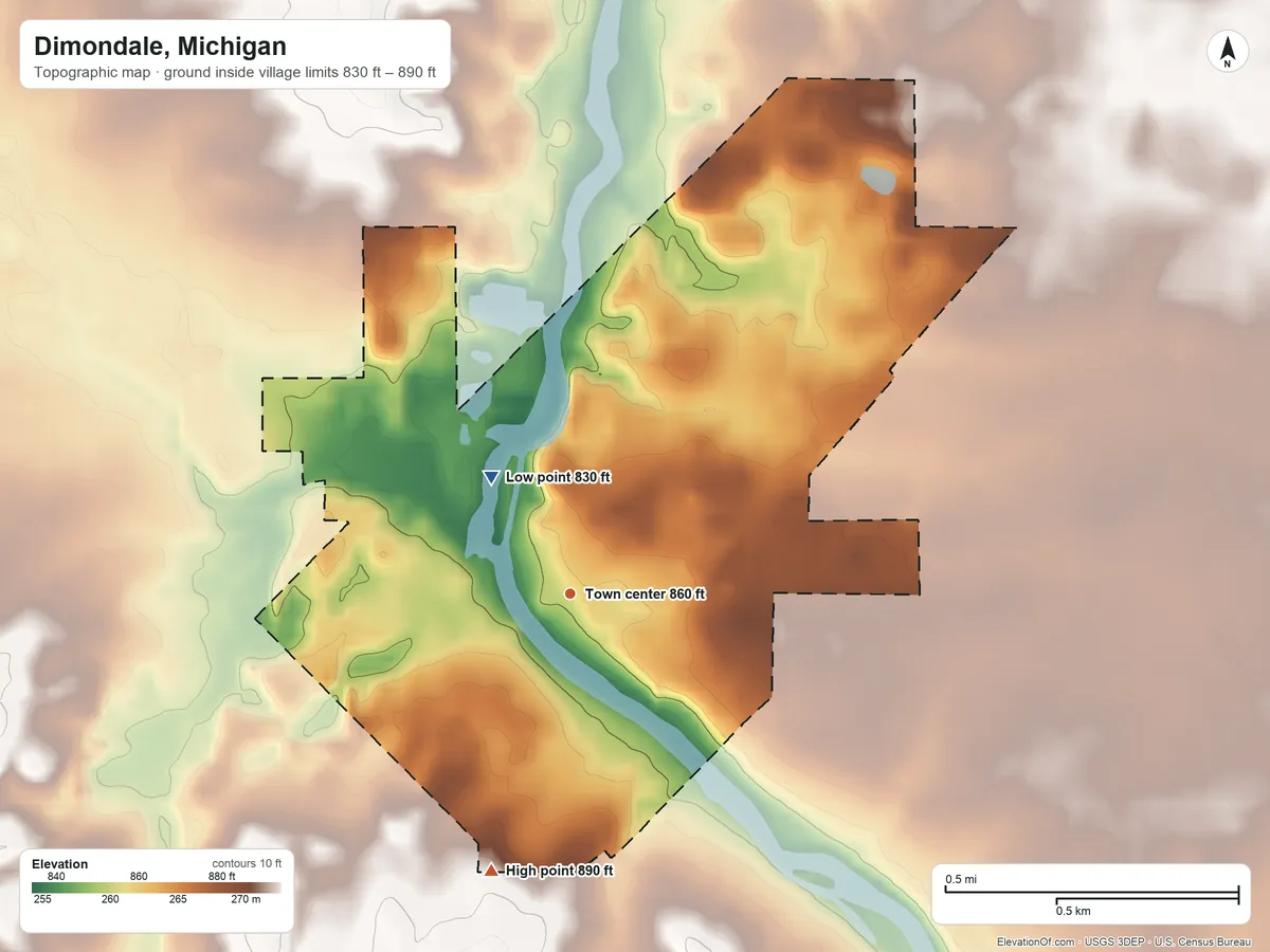 Topographic elevation map of Dimondale, Michigan, shaded from 830 ft on the northwest side to 890 ft on the south side