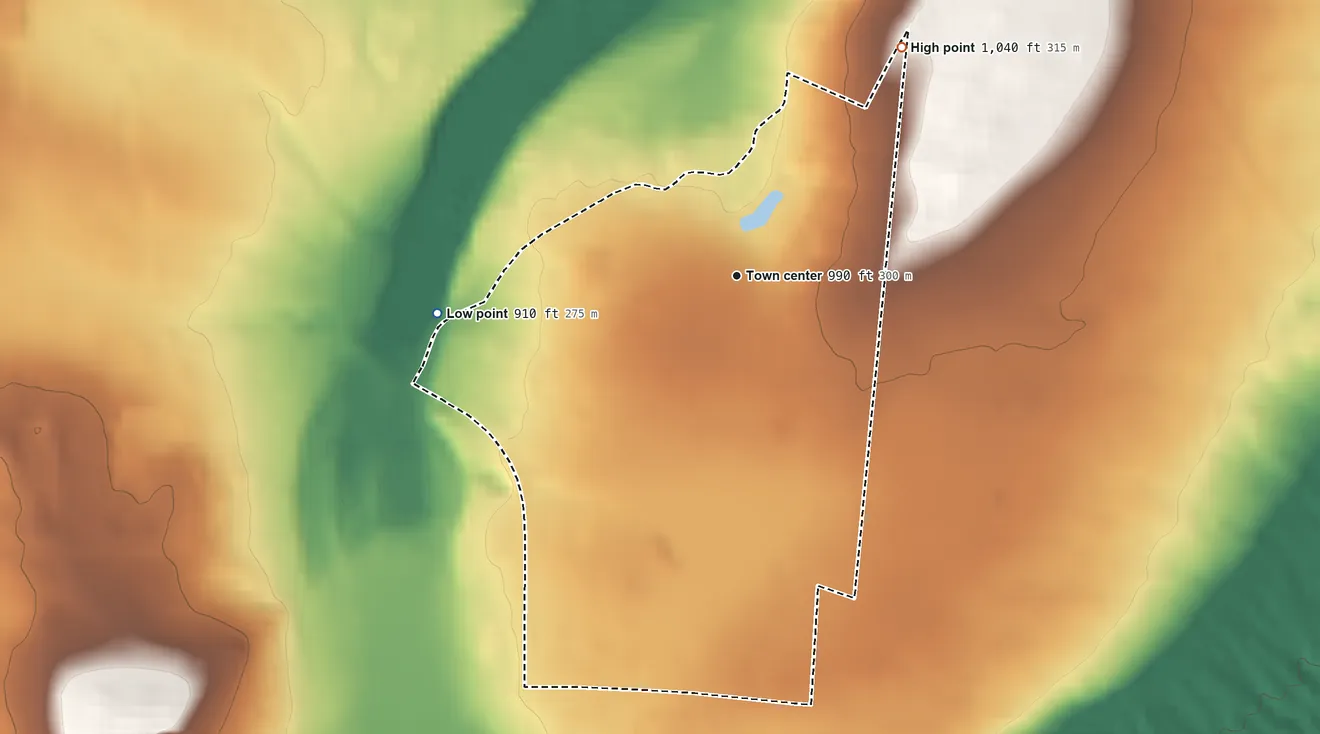 Topographic elevation map of Dodgeville, Michigan, shaded from 910 ft on the west side to 1,040 ft on the northeast side