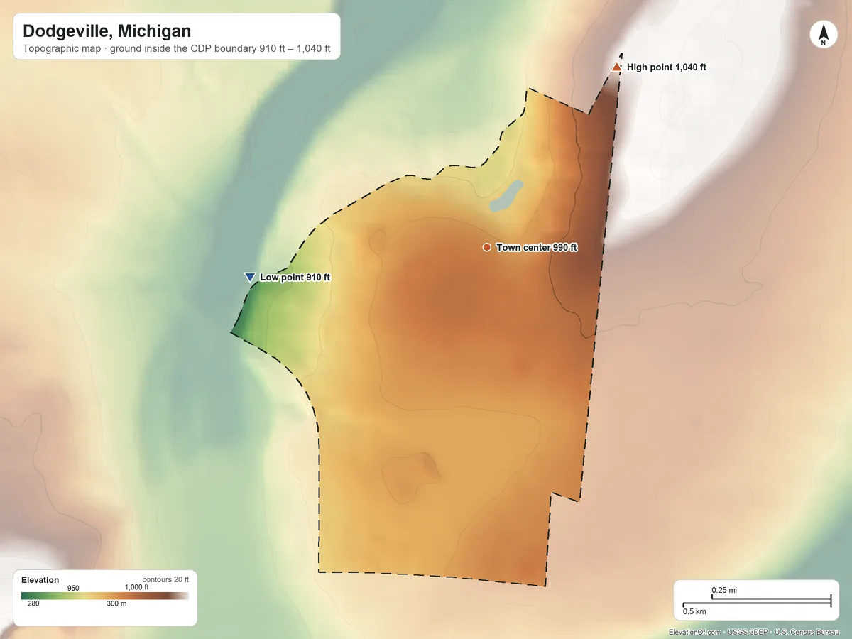 Topographic elevation map of Dodgeville, Michigan, shaded from 910 ft on the west side to 1,040 ft on the northeast side