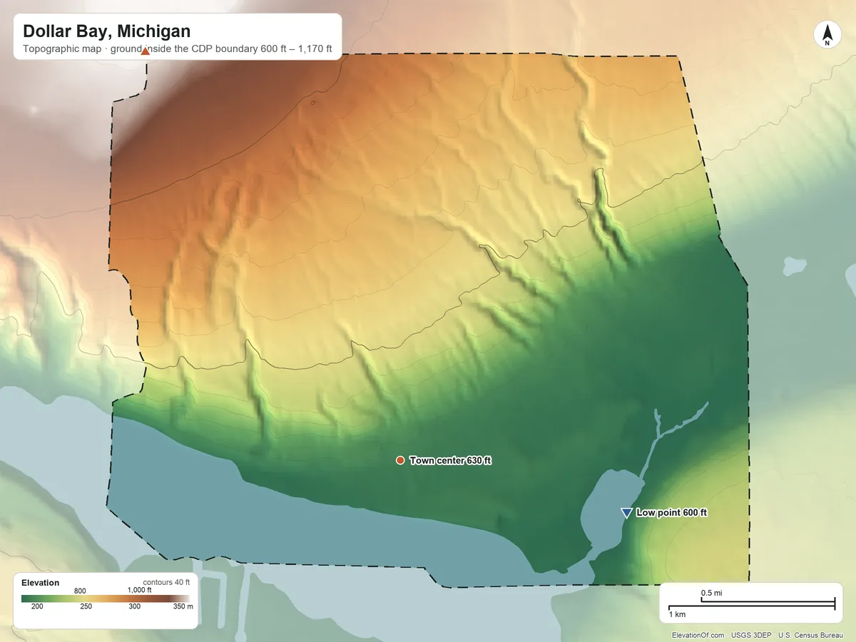 Topographic elevation map of Dollar Bay, Michigan, shaded from 600 ft on the east side to 1,170 ft on the northwest side