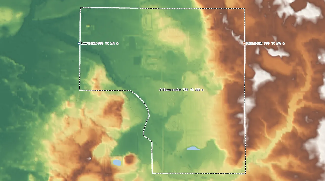 Topographic elevation map of Dorr, Michigan, shaded from 680 ft on the northwest side to 780 ft on the northeast side