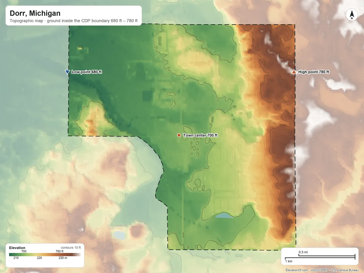 Topographic elevation map of Dorr, Michigan, shaded from 680 ft on the northwest side to 780 ft on the northeast side