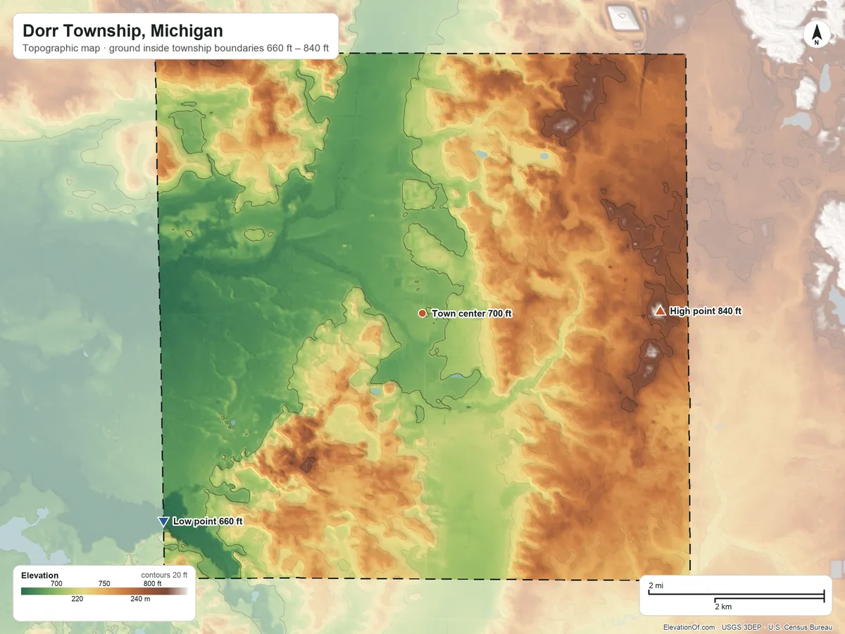 Topographic elevation map of Dorr Township, Michigan, shaded from 660 ft on the southwest side to 840 ft on the east side