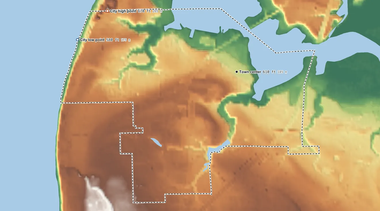 Topographic elevation map of Douglas, Michigan, shaded from 580 ft on the west side to 670 ft on the northwest side