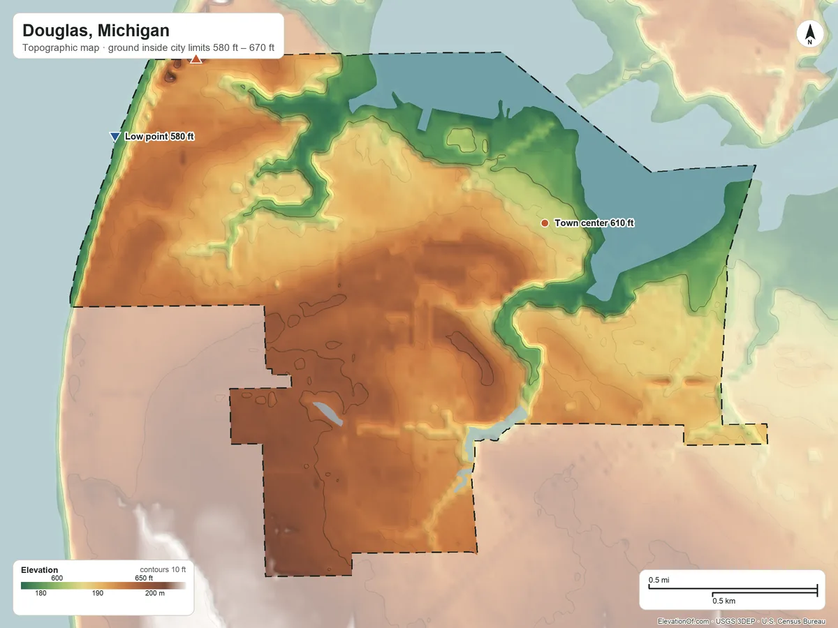 Topographic elevation map of Douglas, Michigan, shaded from 580 ft on the west side to 670 ft on the northwest side