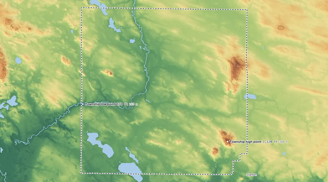 Topographic elevation map of Douglass Township, Michigan, shaded from 870 ft on the west side to 1,120 ft on the southeast side
