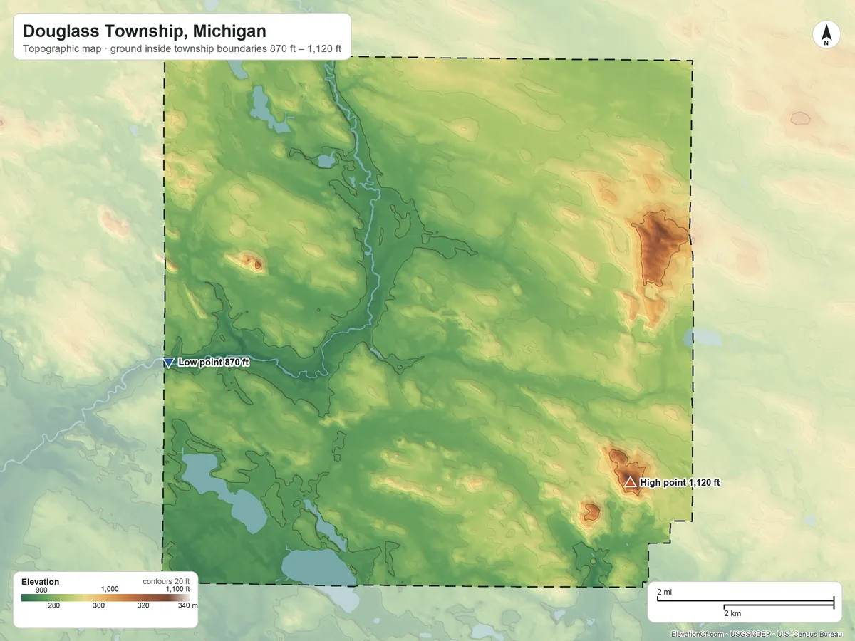 Topographic elevation map of Douglass Township, Michigan, shaded from 870 ft on the west side to 1,120 ft on the southeast side