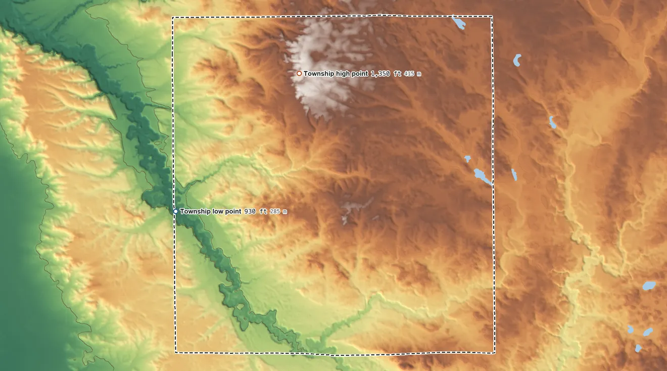 Topographic elevation map of Dover Township, Lake County, Michigan, shaded from 930 ft on the west side to 1,350 ft on the north side