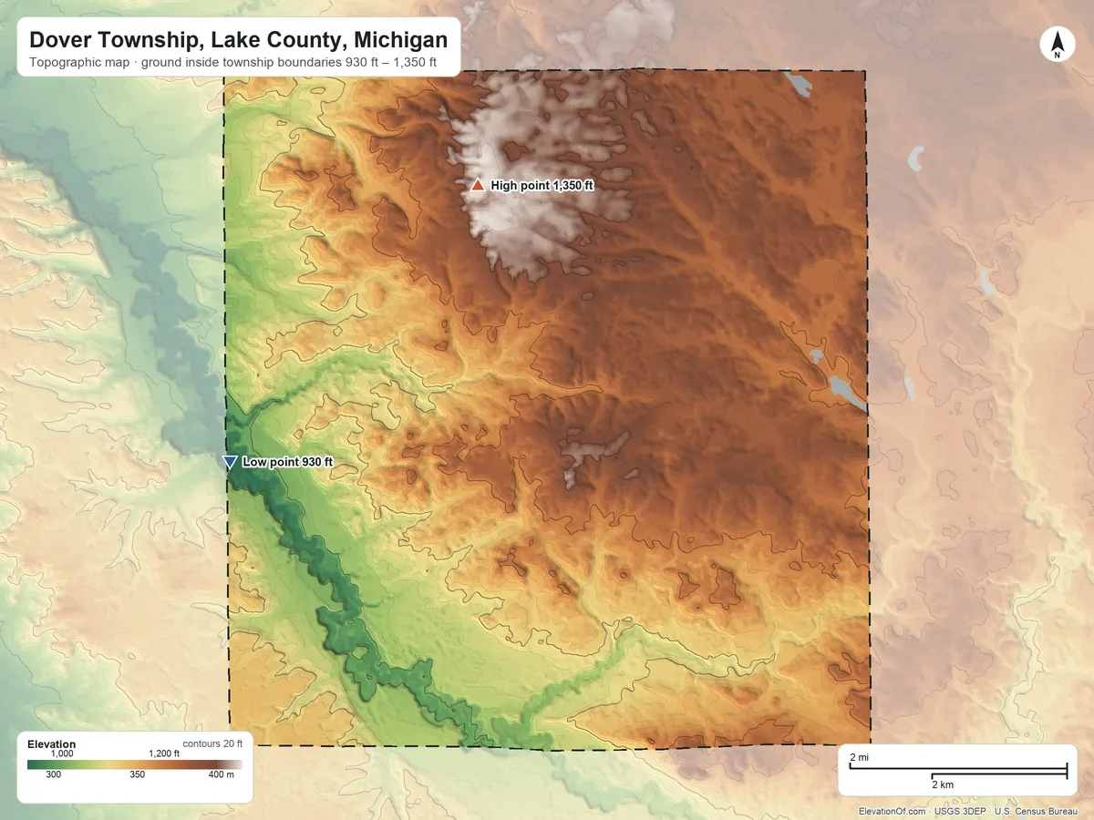 Topographic elevation map of Dover Township, Lake County, Michigan, shaded from 930 ft on the west side to 1,350 ft on the north side