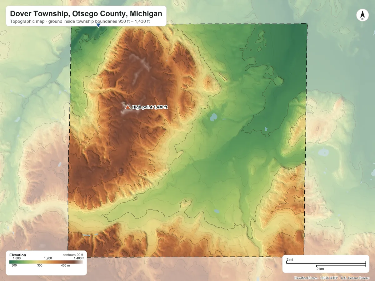 Topographic elevation map of Dover Township, Otsego County, Michigan, shaded from 950 ft on the northwest side to 1,430 ft on the northwest side