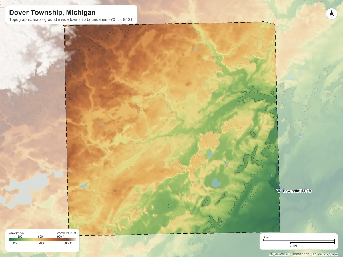 Topographic elevation map of Dover Township, Michigan, shaded from 770 ft on the southeast side to 940 ft on the northwest side