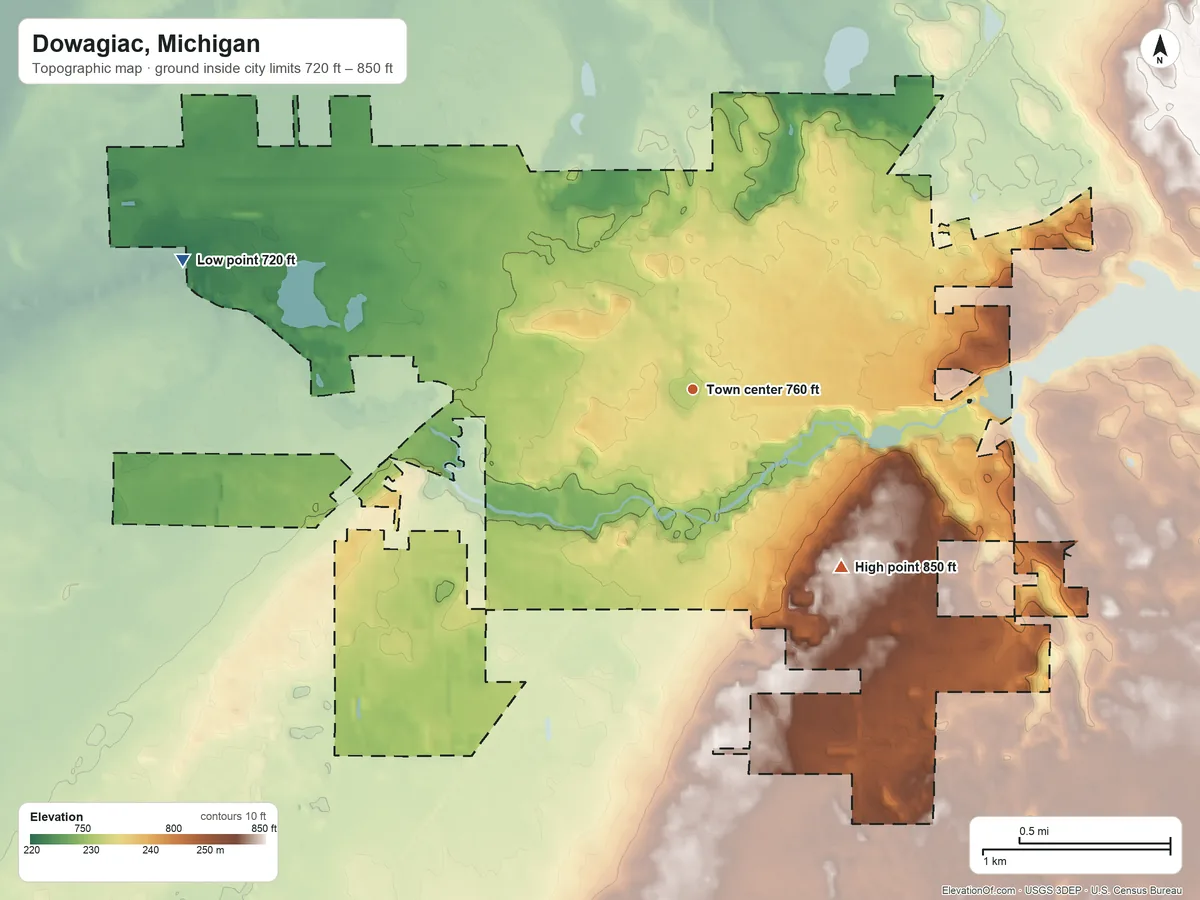Topographic elevation map of Dowagiac, Michigan, shaded from 720 ft on the west side to 850 ft on the southeast side