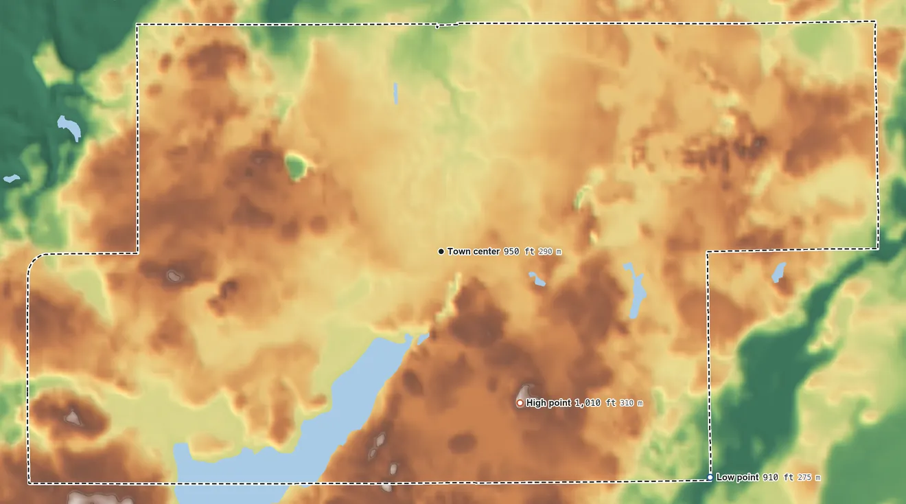 Topographic elevation map of Dowling, Michigan, shaded from 910 ft on the southeast side to 1,010 ft on the southeast side