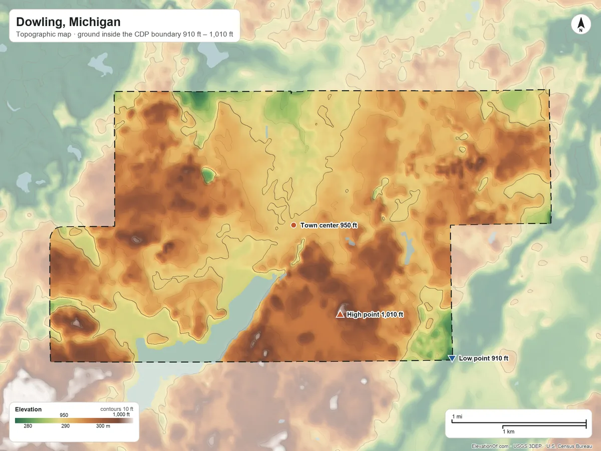 Topographic elevation map of Dowling, Michigan, shaded from 910 ft on the southeast side to 1,010 ft on the southeast side
