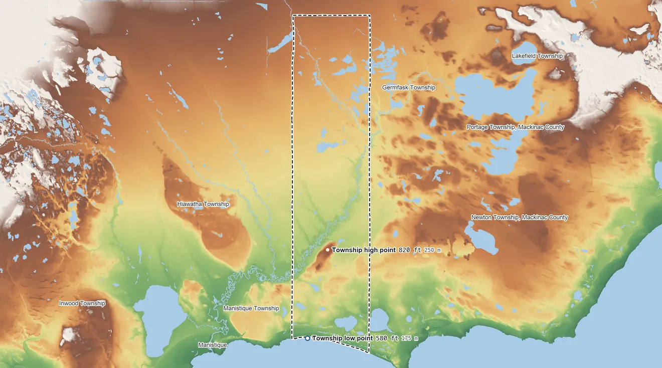 Topographic elevation map of Doyle Township, Michigan, shaded from 580 ft on the southwest side to 820 ft on the north side