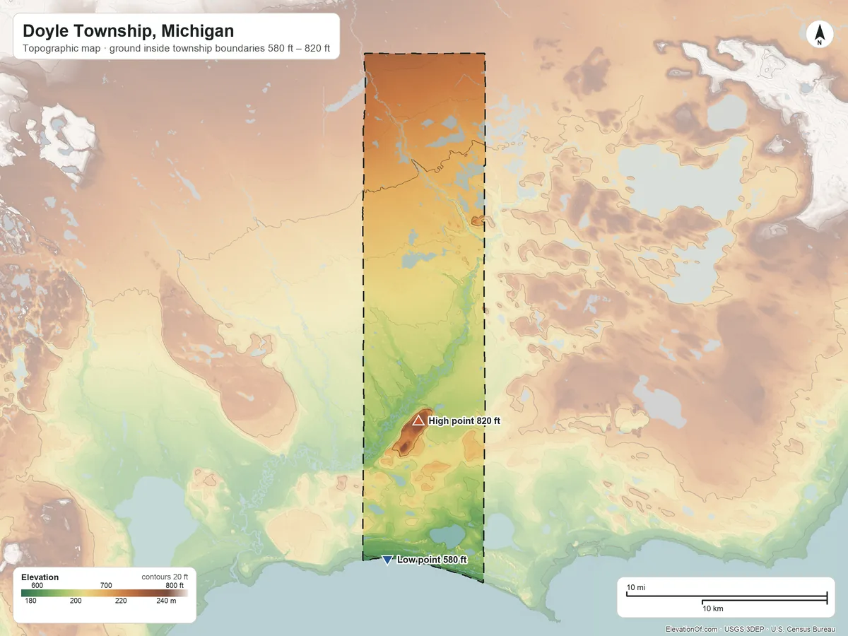 Topographic elevation map of Doyle Township, Michigan, shaded from 580 ft on the southwest side to 820 ft on the north side