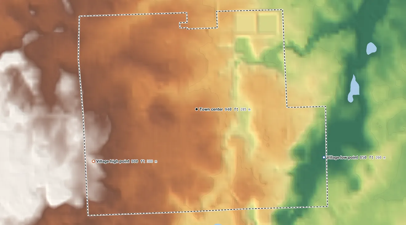 Topographic elevation map of Dryden, Michigan, shaded from 850 ft on the east side to 980 ft on the southwest side