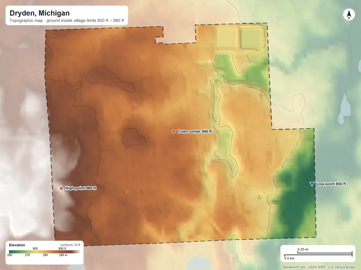 Topographic elevation map of Dryden, Michigan, shaded from 850 ft on the east side to 980 ft on the southwest side