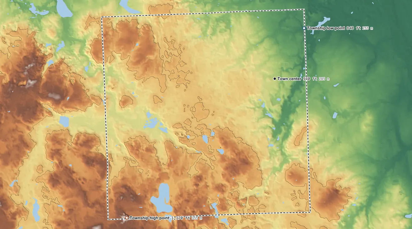 Topographic elevation map of Dryden Township, Michigan, shaded from 840 ft on the northeast side to 1,170 ft on the southwest side